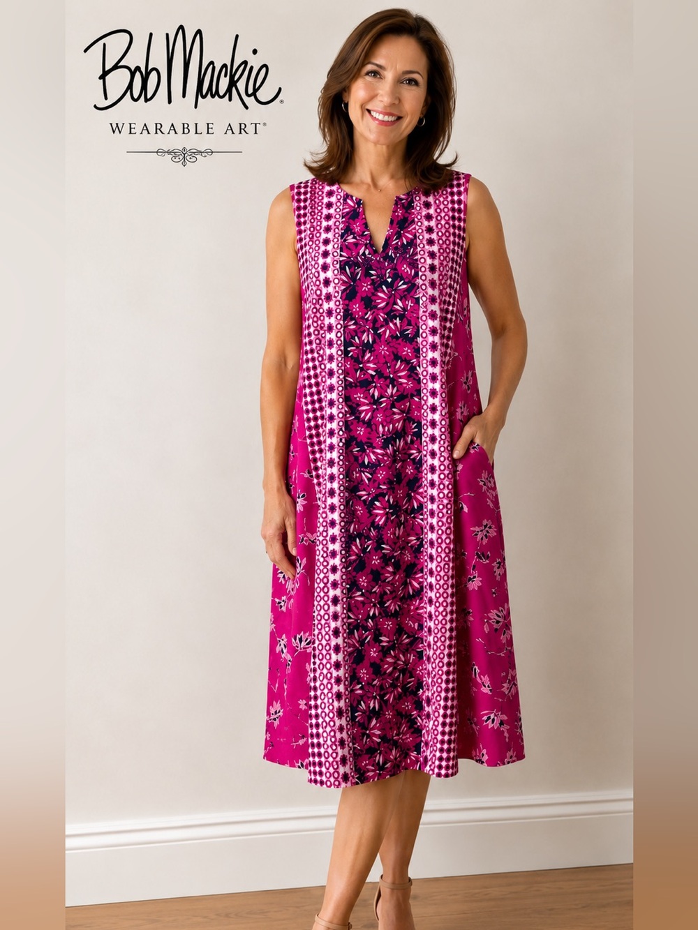 Bob Mackie Wearable Art Beach Cover Up Medium Pink Floral Kaftan Duster Resort